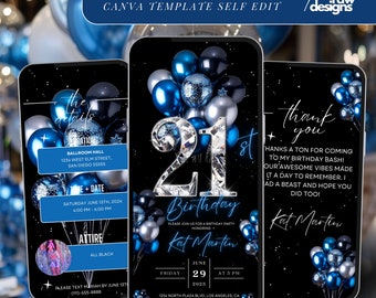 21st Birthday Party Invitation,Silver Blue Balloons Digital 21st Glam Dinner Invite Template, Diamond Video Editable Brunch Itinerary