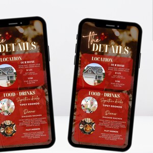 Pode incluir: Dois smartphones exibindo um convite para uma festa. O convite apresenta o texto "The Details" e informa&ccedil;&otilde;es do evento, incluindo local, data, hora e um menu com bebidas e jantar. O logotipo do Canva est&aacute; no canto superior direito.