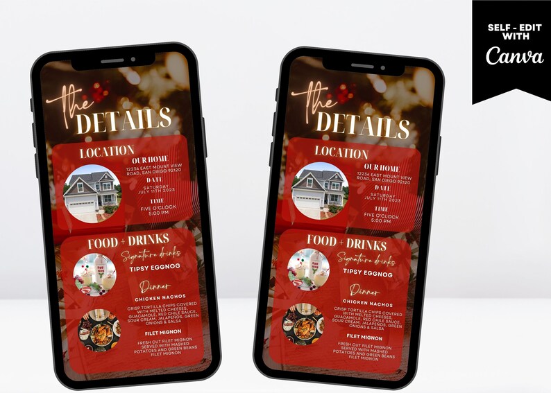Pode incluir: Dois smartphones exibindo um convite para uma festa. O convite apresenta o texto "The Details" e informa&ccedil;&otilde;es do evento, incluindo local, data, hora e um menu com bebidas e jantar. O logotipo do Canva est&aacute; no canto superior direito.