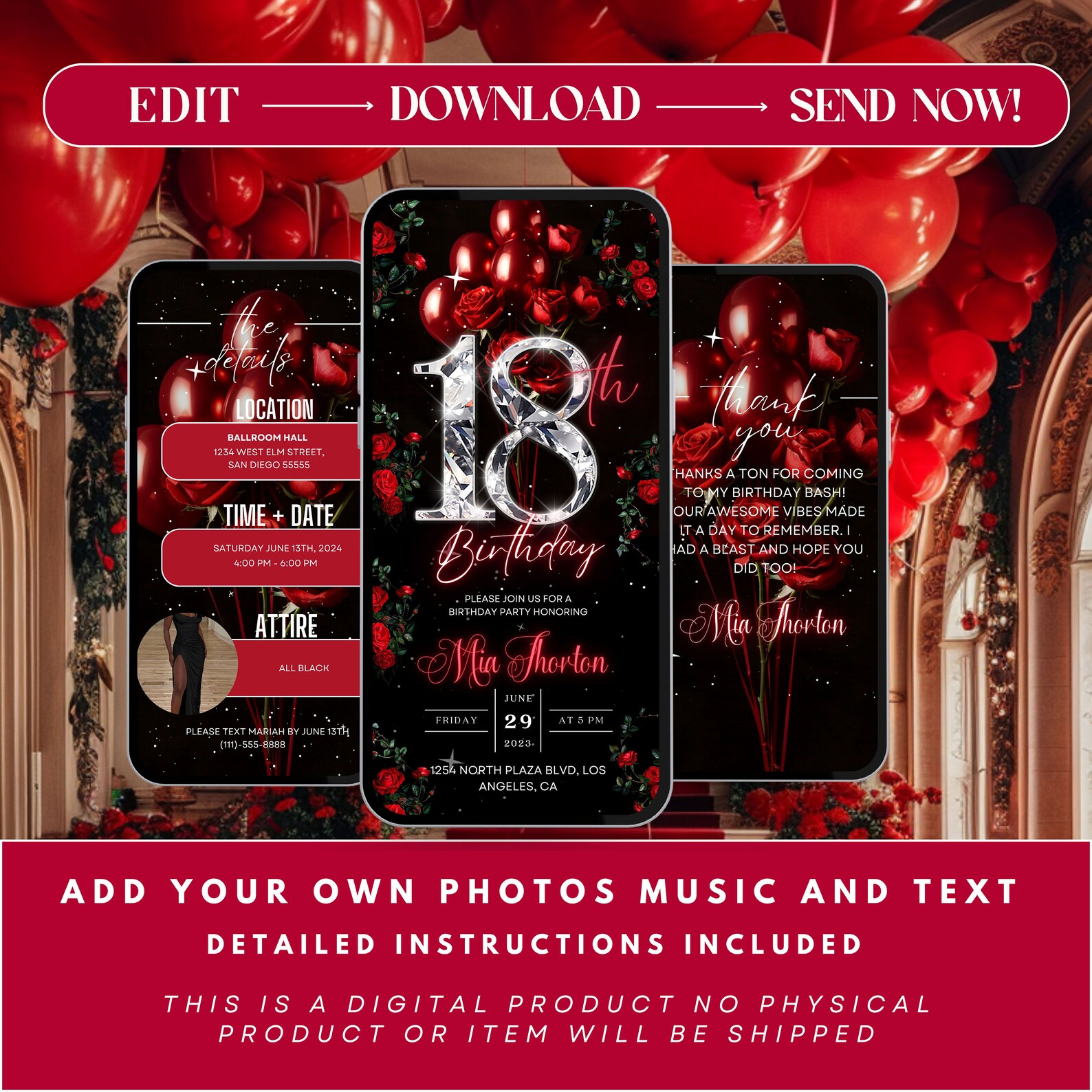 Floral 18th Birthday Invitation, Red Roses Diamonds, Editable Digital ...