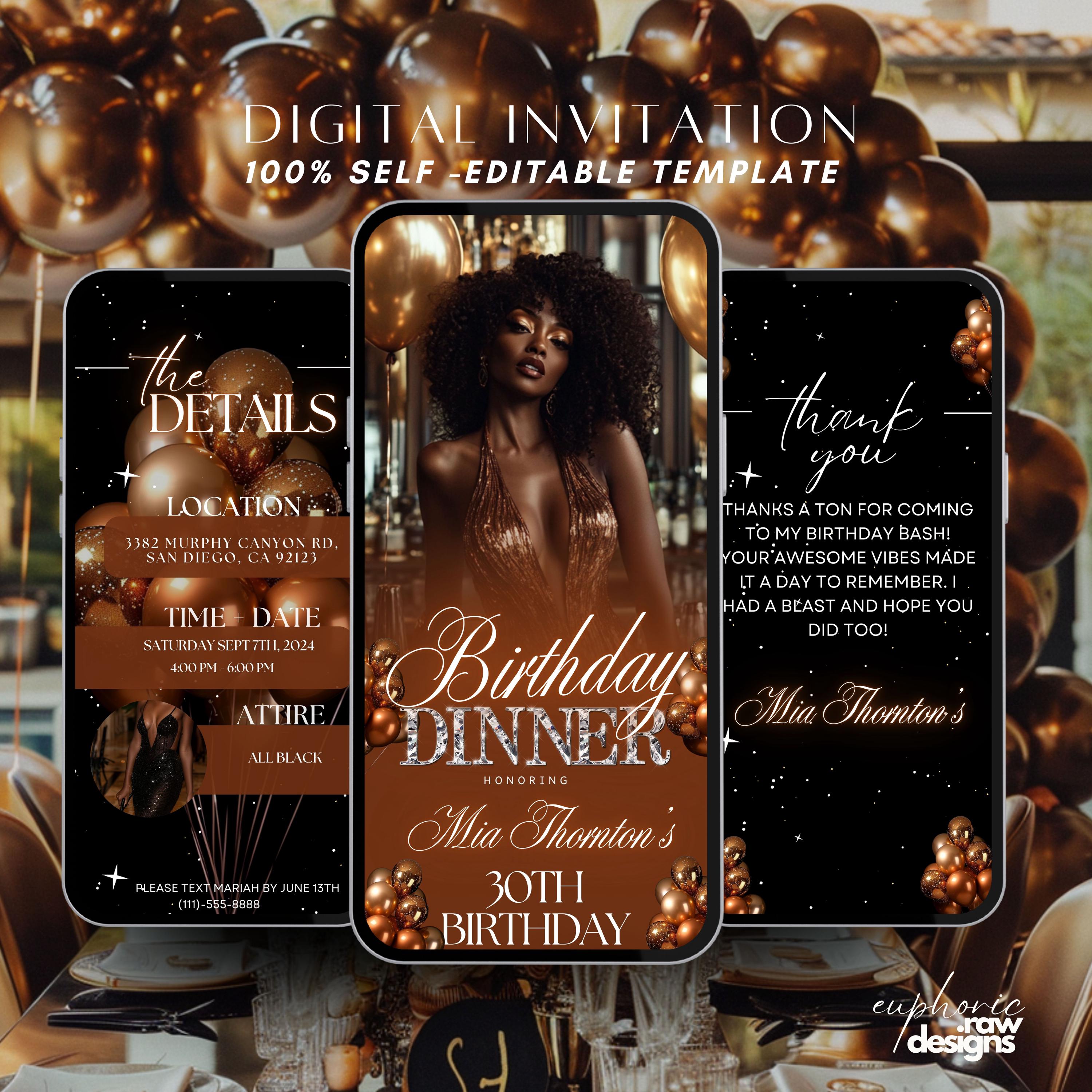 Brown Birthday Dinner invitation, Birthday Dinner, Digital Birthday Party Invite, Editable Template, Balloons Birthday Party, text evite