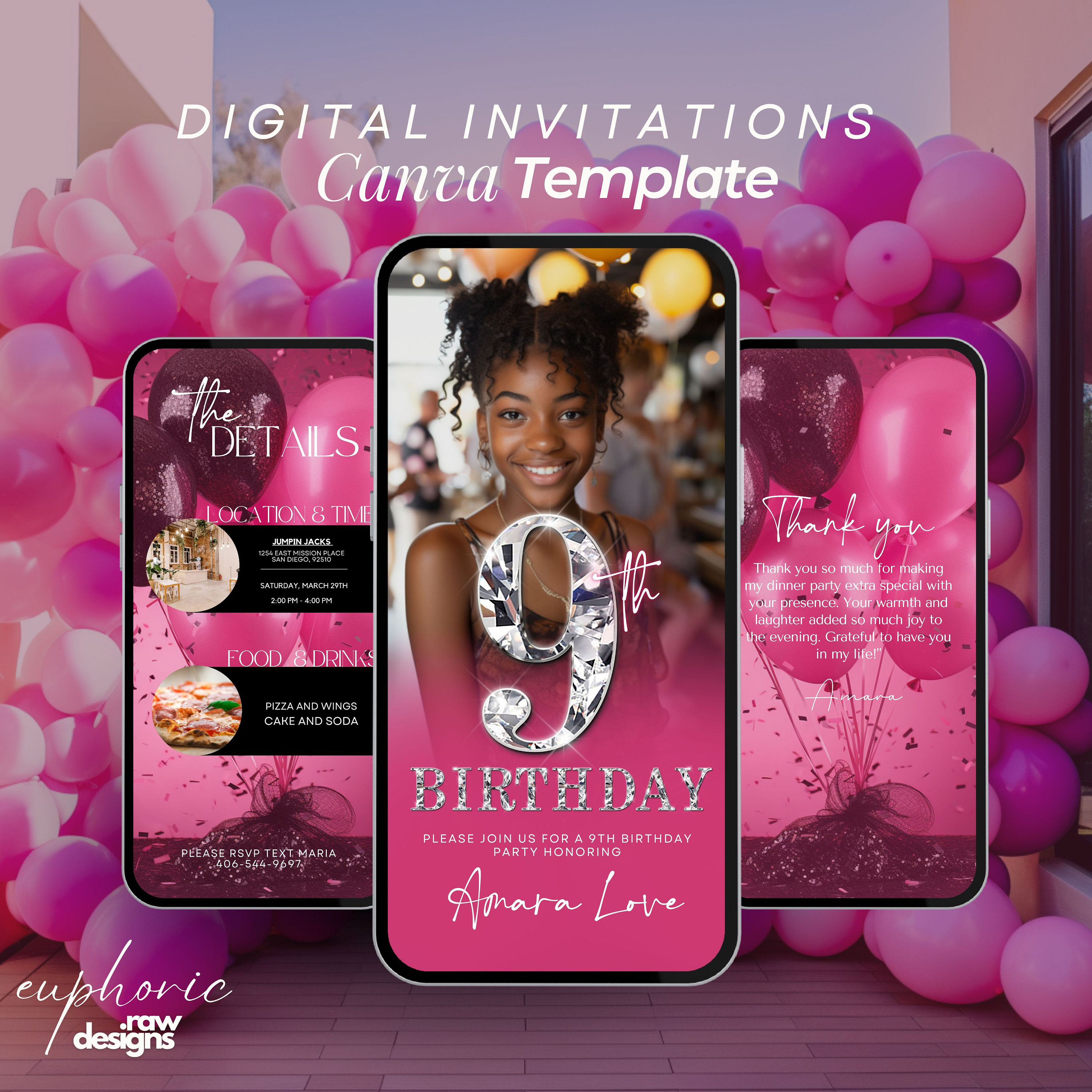 Invitación para el noveno cumpleaños, rosa neón y purpurina, plantilla para  fiesta, noveno cumpleaños, invitación para un hito, cumplir 9 años - Etsy  México, image size:3000x3000