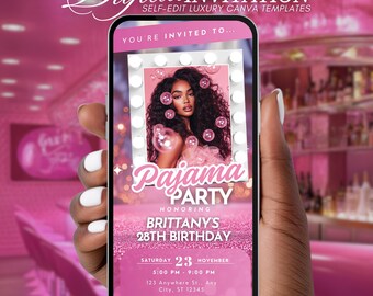 Digitale uitnodiging voor een roze pyjamaparty, geanimeerde uitnodiging, glamoureuze roze slaapfeestuitnodiging, pyjama-avond voor volwassenen met vriendinnen, bewerkbare digitale uitnodiging