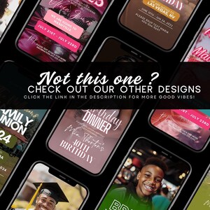 Op de afbeelding: Een verzameling smartphoneschermen met verschillende uitnodigingen voor evenementen. De uitnodigingen bevatten tekst zoals "Las Vegas, NV", "Nashville" en "Verjaardagsdiner". De afbeelding bevat de tekst "Not this one? Check out our other designs."