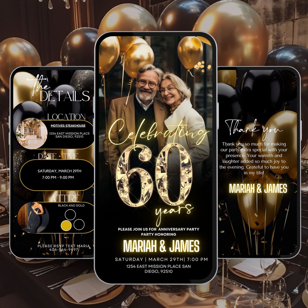 60th Anniversary Invitation, Party Itinerary, Black Gold Template