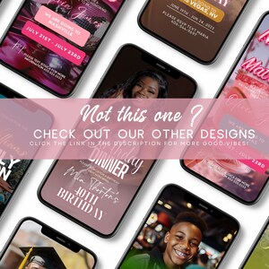 May include: A collection of digital phone screen mockups showcasing various event invitations. The invitations feature different themes and designs, including a birthday party, a bachelorette party, and a trip to Las Vegas. The text on the invitations includes details such as dates, times, and RSVP information.