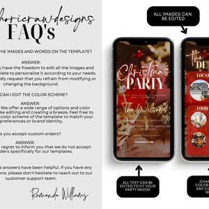 Pode incluir: Uma p&aacute;gina de perguntas frequentes de design digital e duas telas de smartphone exibindo um convite para uma festa de Natal. O convite apresenta texto e imagens, com op&ccedil;&otilde;es para editar imagens, texto e esquemas de cores. As perguntas frequentes respondem a perguntas sobre a edi&ccedil;&atilde;o do modelo.