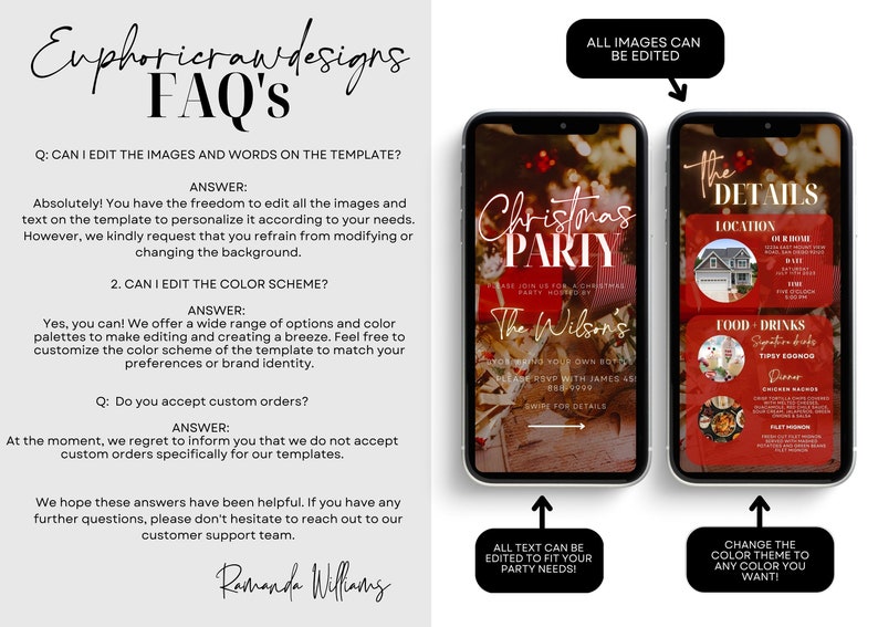 Pode incluir: Uma p&aacute;gina de perguntas frequentes de design digital e duas telas de smartphone exibindo um convite para uma festa de Natal. O convite apresenta texto e imagens, com op&ccedil;&otilde;es para editar imagens, texto e esquemas de cores. As perguntas frequentes respondem a perguntas sobre a edi&ccedil;&atilde;o do modelo.