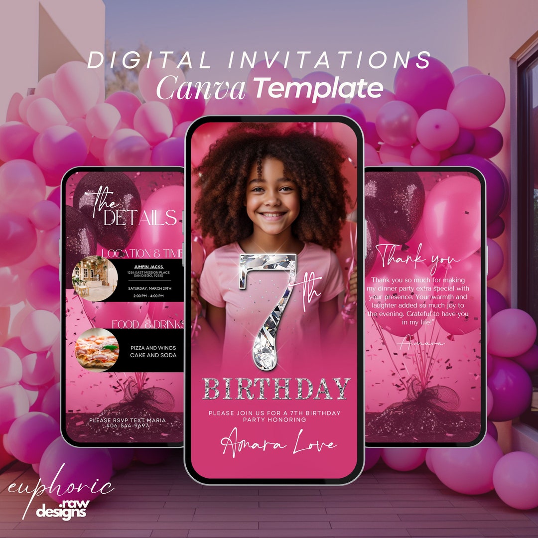 7th Birthday Party Invitation, Neon Pink and Glitter Template, Seventh ...