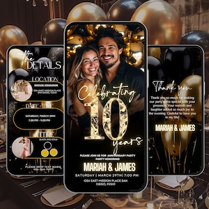 Invitación para el décimo aniversario, itinerario de fiesta, plantilla de oro negro, aniversario de bodas de oro, We Still Do, renovación de votos sorpresa Evite