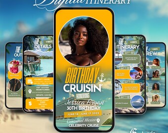 May include: A digital itinerary for a birthday cruise. The itinerary includes details about the cruise, including the departure and arrival dates, the port of call, and the activities planned for each day. The itinerary also includes a photo of the birthday girl and a message wishing her a happy birthday.