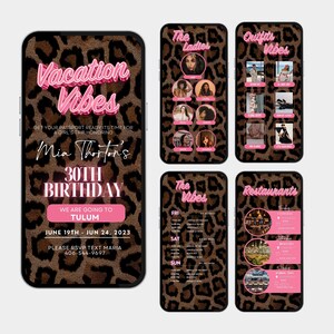 K&ouml;nnte beinhalten: Eine digitale Einladung auf einem Smartphone-Bildschirm mit Leopardenmuster. Der Text lautet "Vacation Vibes" und "Mia Thortons 30. Geburtstag". Zus&auml;tzliche Bildschirme zeigen Eventdetails, Outfits und Restaurantvorschl&auml;ge.