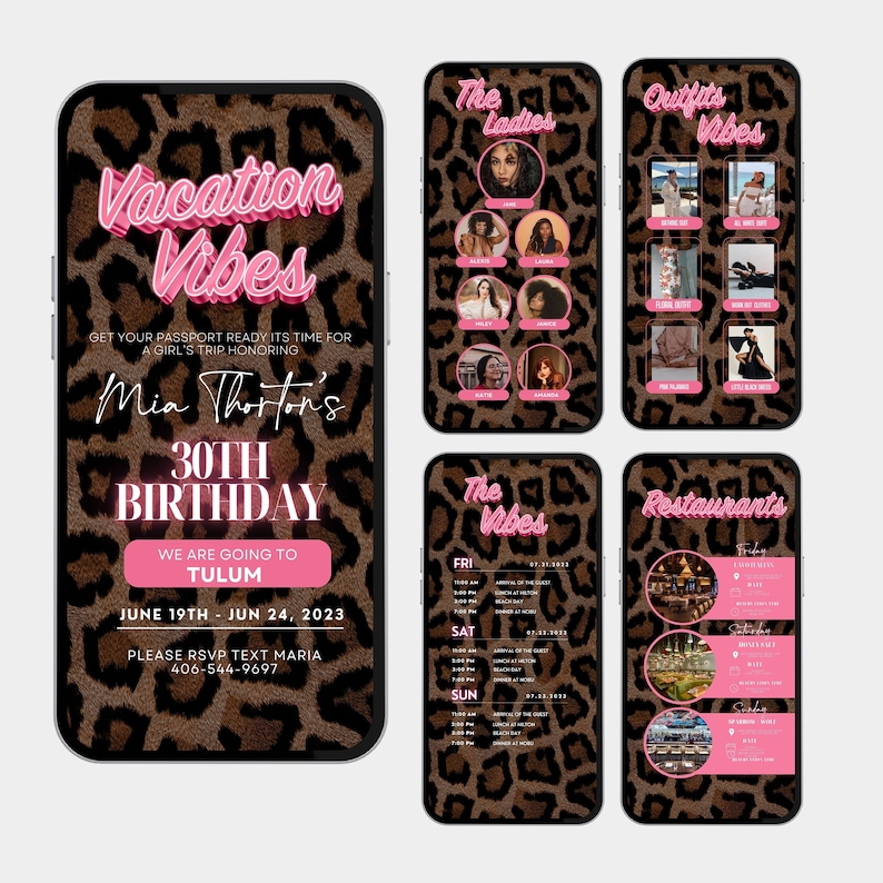 K&ouml;nnte beinhalten: Eine digitale Einladung auf einem Smartphone-Bildschirm mit Leopardenmuster. Der Text lautet "Vacation Vibes" und "Mia Thortons 30. Geburtstag". Zus&auml;tzliche Bildschirme zeigen Eventdetails, Outfits und Restaurantvorschl&auml;ge.