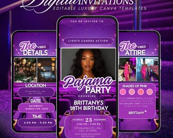 Invitación digital para fiesta de pijamas morada, invitación animada, invitación para pijamada en rosa glamuroso, noche de pijamas para chicas adultas, invitación digital editable