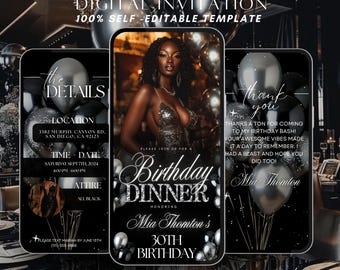 Invito a cena di compleanno, elegante invito digitale per festa di compleanno, festa formale con palloncini neri e argento, modello modificabile