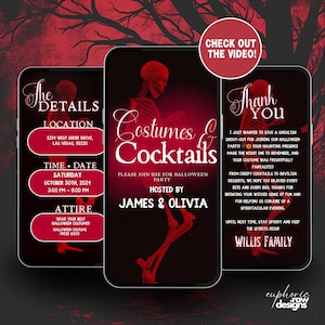 Invitation de fête d&#39;Halloween de costumes numériques et de cocktails, modèle numérique modifiable pour inviter pour Spooky Bash, itinéraire en téléchargement immédiat
