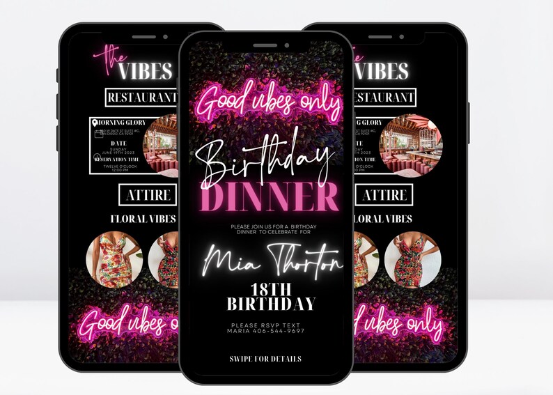 K&ouml;nnte beinhalten: Eine digitale Einladung in Schwarz und Pink f&uuml;r ein Geburtstagsessen. Die Einladung zeigt neonpinken Text mit der Aufschrift "Good vibes only" und "Birthday Dinner". Die Einladung enth&auml;lt auch den Namen "Mia Thorton" und den Text "18th Birthday".