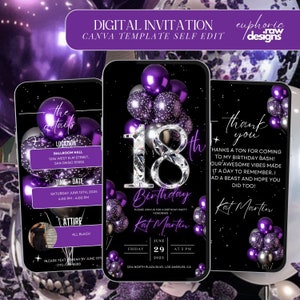 18th Birthday Party Invitation, Purple Silver Balloon Digital 18th Glam Dinner Invite Template, 18th Diamond Video Editable Brunch Itinerary
