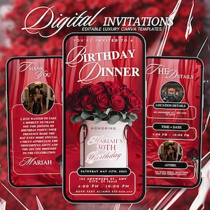 Animated Birthday Dinner Video Invitation, Roses Customizable Dinner Birthday evite Template, Red Dinner Social Media Digital DIY Invite