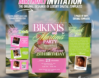 Digital Bikinis & Martinis Invitation, Birthday Pool Party, Beach Bash, Bachelorette ,Girls Night, Cocktail Splash, Summer Event, BBQ Evite