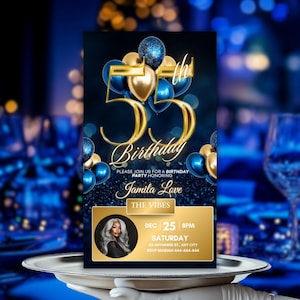 55th Birthday Invitation, Blue Gold Animated Evite, 55th Elegant Balloon Party Invite, DIY Editable Itinerary, Mobile Invite for Men Women