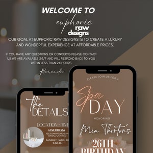 Puede incluir: Una invitaci&oacute;n digital para un d&iacute;a de spa celebrando el cumplea&ntilde;os n&uacute;mero 26 de Mia Thorton. La invitaci&oacute;n presenta un dise&ntilde;o floral rosa y blanco con el texto "Spa Day" en una fuente de escritura. La invitaci&oacute;n tambi&eacute;n incluye la fecha, la hora y la ubicaci&oacute;n del evento.