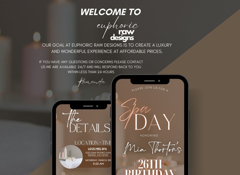 Puede incluir: Una invitaci&oacute;n digital para un d&iacute;a de spa celebrando el cumplea&ntilde;os n&uacute;mero 26 de Mia Thorton. La invitaci&oacute;n presenta un dise&ntilde;o floral rosa y blanco con el texto "Spa Day" en una fuente de escritura. La invitaci&oacute;n tambi&eacute;n incluye la fecha, la hora y la ubicaci&oacute;n del evento.