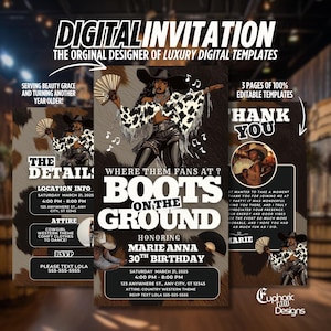 May include: A digital invitation for a 30th birthday party with a cowgirl theme. The invitation features a woman in a cowgirl outfit with a fan, and the text "Boots on the Ground" and "Honoring Marie Anna 30th Birthday".