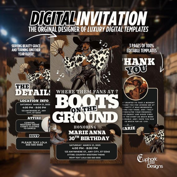 Boots on the Ground Cowgirl Invite, Editable Western Birthday Template, Evite Trail Ride Theme, Canva, Text or Email, Cow Print