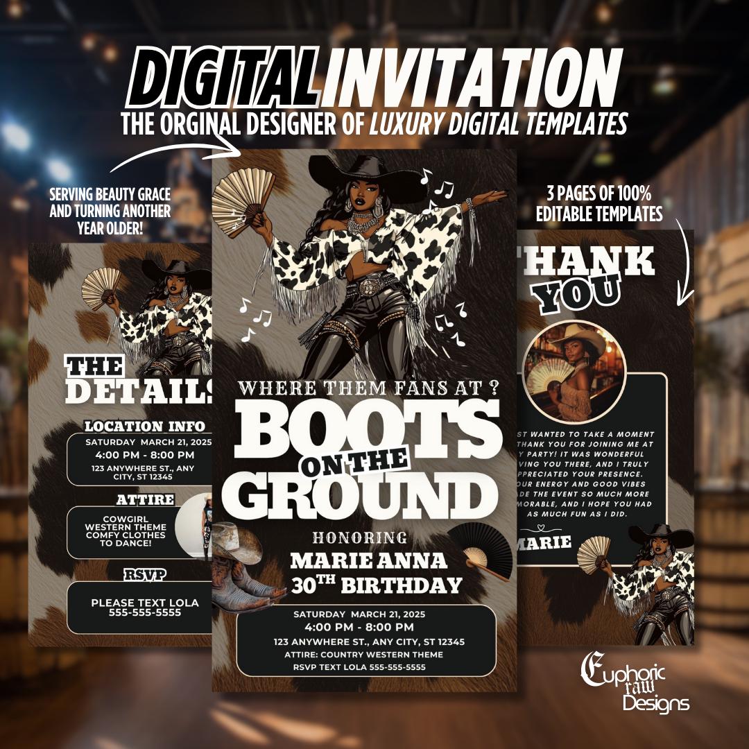 Boots on the Ground Cowgirl Invite, Editable Western Birthday Template, Evite Trail Ride Theme, Canva, Text or Email, Cow Print