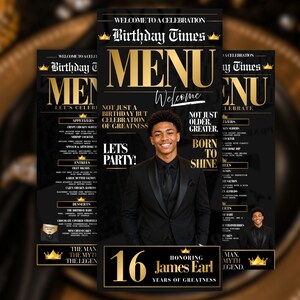 16th Birthday Newspaper Dinner Menu, Black Gold Birthday Menu, Boys Black Tie Dinner Menu, Editable Canva Template, Printable Party Menu