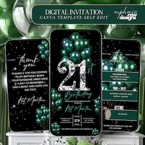 21st Birthday Party Invitation, Green Party Digital 21st Glam Dinner Invite Template, Diamond Video Editable Brunch Itinerary