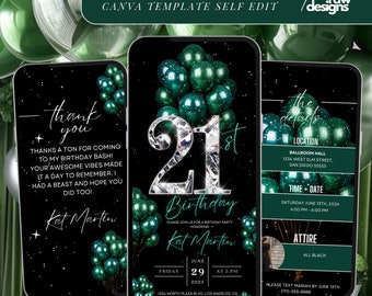 Green 21st Birthday Invitation: Glam Dinner Party Template (Digital)