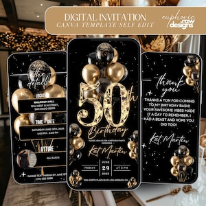 50. Geburtstagseinladung, Gold Schwarz Digitale 50. Glam Dinner Laden Vorlage, Diamant Video Bearbeitbare Brunch Reiseplanung ein
