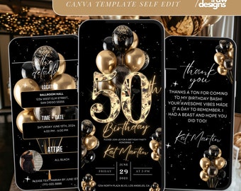 50th Birthday Party Invitation, Gold Black Digital 50th Glam Dinner Invite Template, Diamond Video Editable Brunch Itinerary