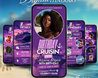 May include: A digital invitation for a 30th birthday cruise. The invitation features a purple background with a photo of a woman, the text "Birthday Cruisin'" and the name "Jessica Bryan". The invitation also includes details about the cruise, including the dates, location, and ship.