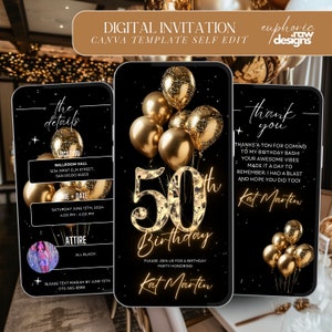 Invitación a la fiesta del 50.° cumpleaños, plantilla de invitación a la cena glamurosa digital en dorado y negro para el 50.° cumpleaños, itinerario de brunch editable en video con diamantes