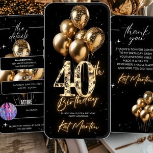 Invitación a la fiesta del 40.° cumpleaños, plantilla de invitación a la cena glamurosa digital en oro negro para el 40.° cumpleaños, itinerario de brunch editable en video con diamantes