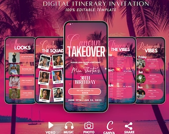 Digitale Cancun-Mädchenreise, Geburtstagseinladung, Mexiko-Wochenendausflug, Neonpink-Reiseurlaubsplan, bearbeitbare Vorlage