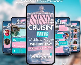 May include: Digital itinerary design for a birthday cruise, featuring a cruise ship graphic and the text "Birthday Cruisin' Honoring Jessica Bryan 30th Birthday." The design includes itinerary details and a tropical beach scene.