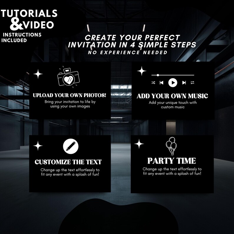 May include: Black and white graphic with instructions for creating invitations. The steps include uploading photos, adding music, customising text, and party time. The text says "Create your perfect invitation in 4 simple steps. No experience needed."