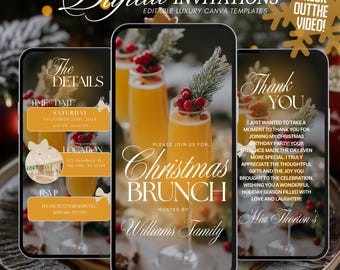 May include: Digital invitation design for a Christmas Brunch, displayed on three smartphones. The design features text, including event details, and images of cocktails with berries and greenery. The invitation is hosted by the Williams Family.