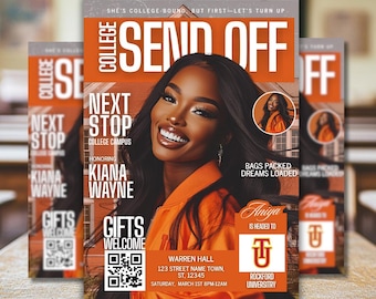 Editable College Send Off Evite, Farewell Party Invite, DIY Trunk Party Flyer, Orange Magazine Cover, Goodbye Graduation Celebration