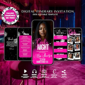 Digital Girl&#39;s Night Invitation, Animated Neon Hot Pink Birthday Invite, Bachelorette Party Evite, Editable Custom Itinerary Template