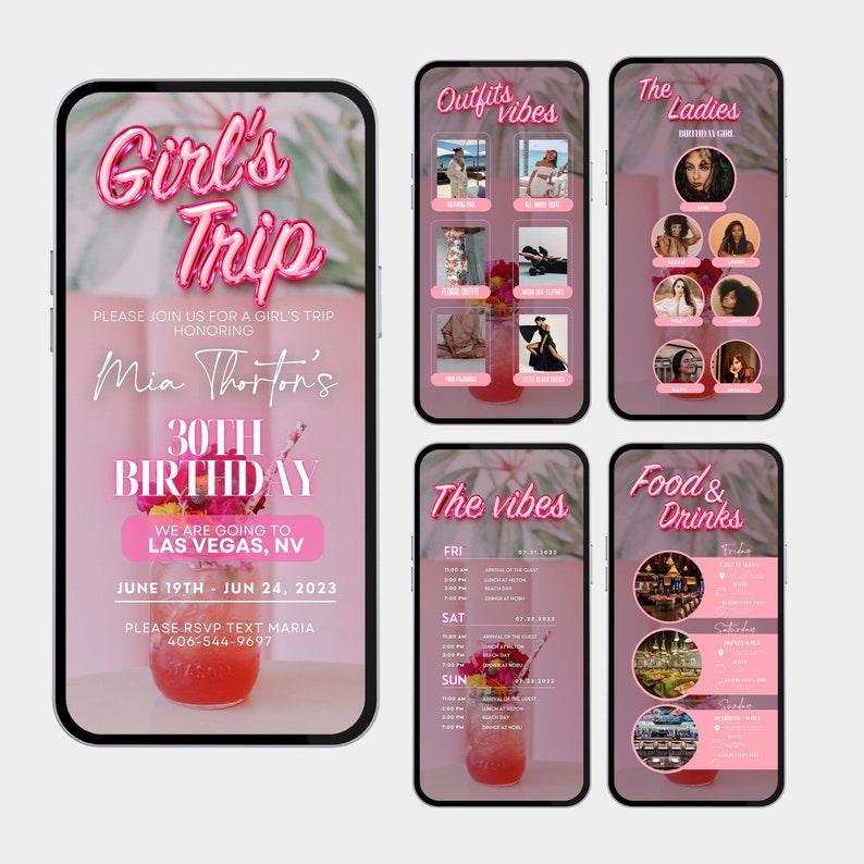 Puede incluir: Una invitaci&oacute;n digital rosa y blanca para un viaje de chicas a Las Vegas, Nevada, para celebrar un 30 cumplea&ntilde;os. La invitaci&oacute;n incluye el texto "Girl's Trip", "Mia Thorton's 30th Birthday", "We are going to Las Vegas, NV", "June 19th - Jun 24, 2023", y "Please RSVP Text Maria 406-544-9697".