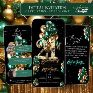 21st Birthday Party Invitation, Green Gold Digital 21st Glam Dinner Invite Template, Diamond Video Editable Brunch Itinerary