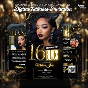 Gold 16th Birthday Invitation Video, Luxury 16th Gold & Black Party Evite, Editable Canva Template, DIY Women’s Birthday Glam Dinner Invite