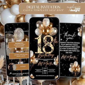 18. Geburtstagsfeier-Einladung, Gold-weiße Luftballons Digitale 18. Glam Dinner-Einladungsvorlage, 18. Diamant Video Bearbeitbare Brunch-Reiseplanung