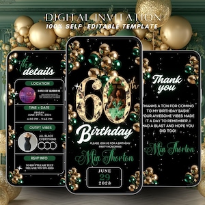 60th Birthday Party Invitation, Green Gold Digital 60th Glam Dinner Invite Template, Diamond Video Editable Brunch Itinerary,
