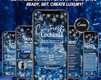 May include: A digital template for a Christmas & Cocktails party invitation, displayed on multiple smartphones. The design features a blue and white snowflake theme with event details, including the date, time, and location. The Canva logo is also visible.
